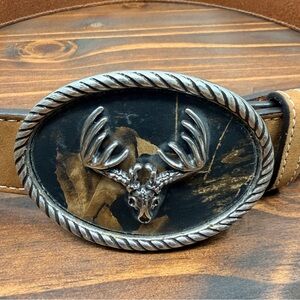 Nocona Belt Co Mossy Oak Camo Deer Skull Buckle & Handtooled Leather 36" Belt